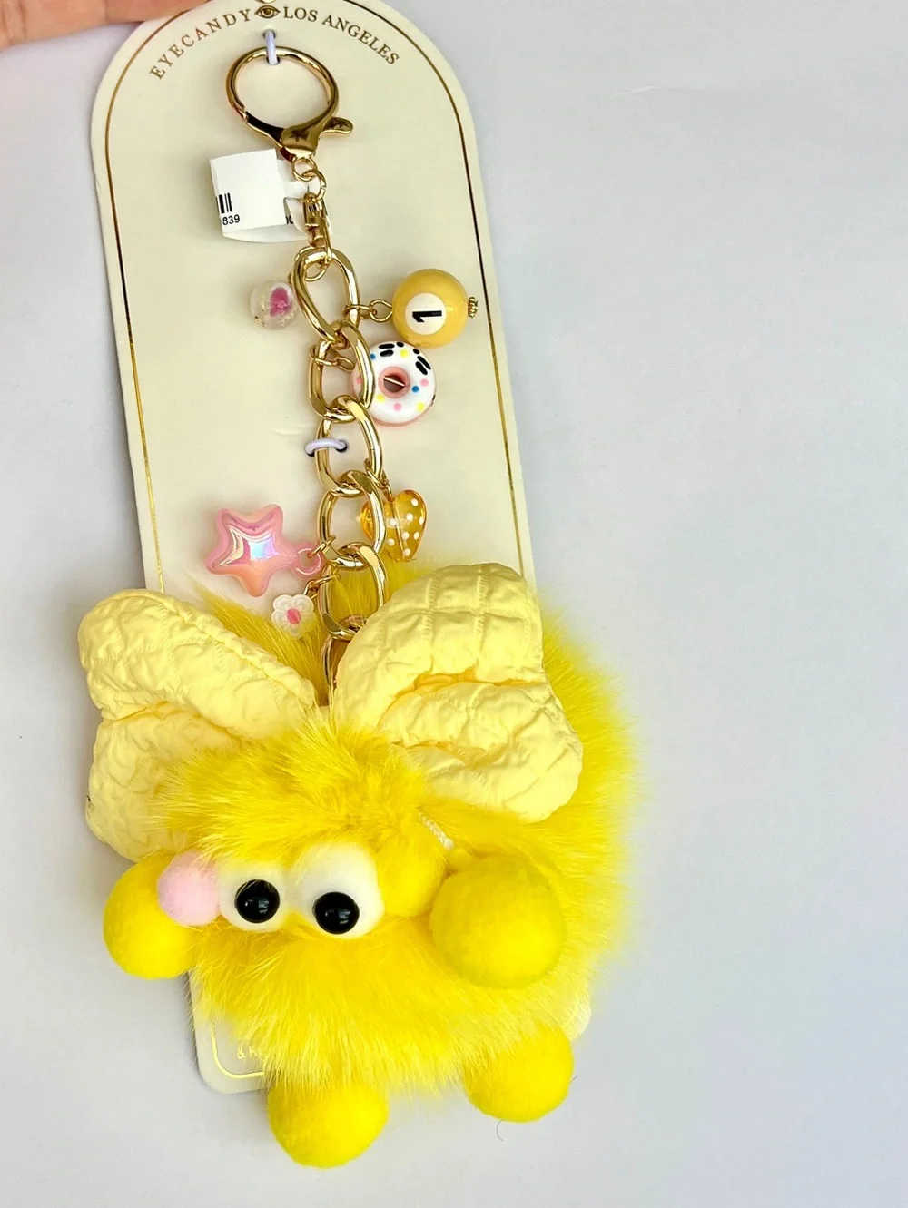 Eyecandy Los Angeles Bag Charm Key Chain yellow gold real fur